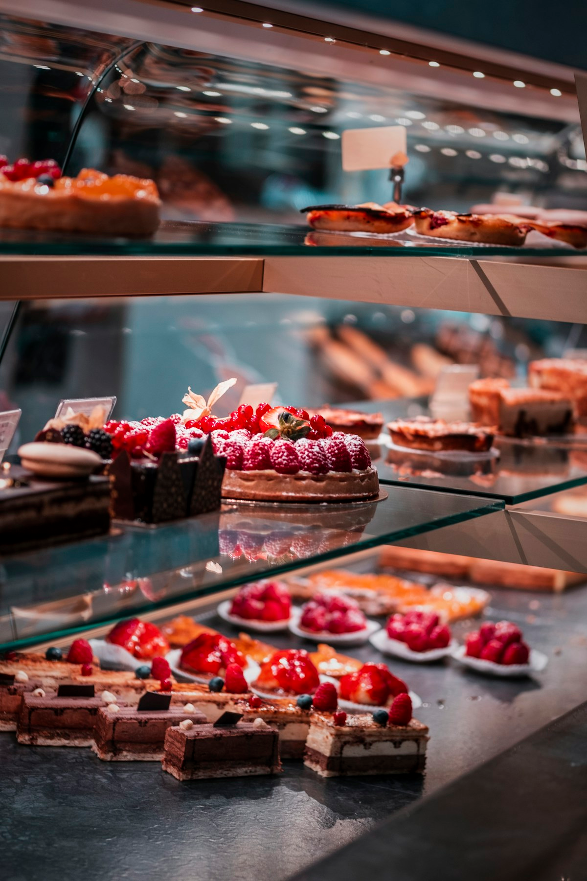 Assorted fruit tarts and pastries on display